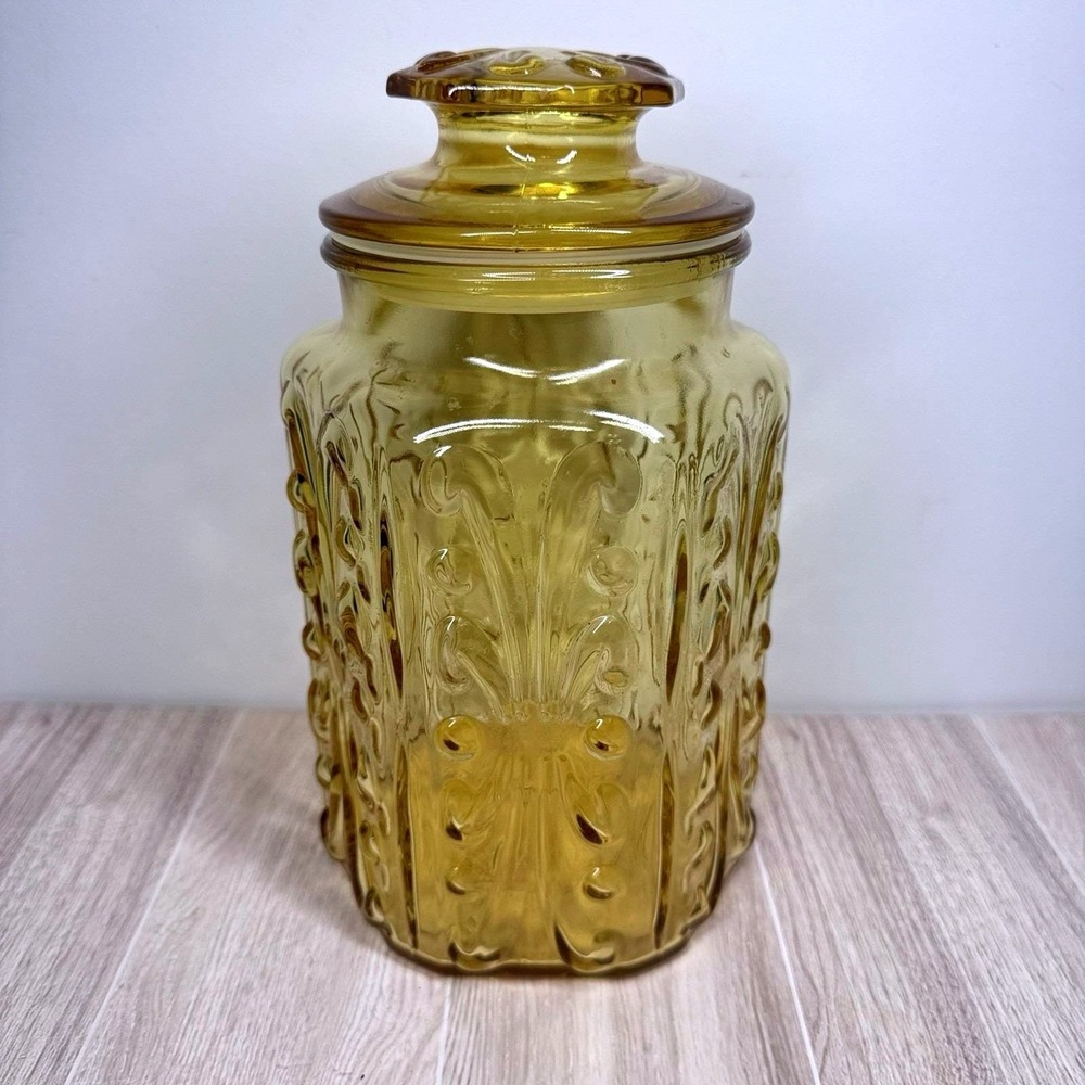 Amber Glass Apothecary Jar Canister Lid Vintage Floral‎ Embossed 9in